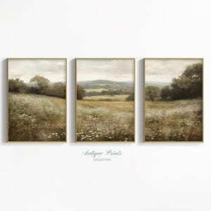 Wildflower Field Set of 3 Split Prints, Neutral Landscape 3 Pieces Wall Art, Digital Country Painting, Rustic Farmhouse Decor - PRINTABLE