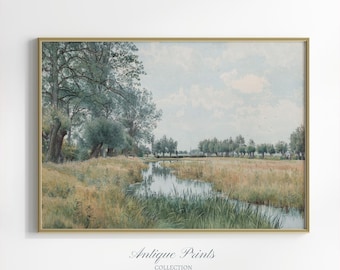 Countryside Painting, Vintage Country Landscape Print, French Country Wall Art, River Antique Wall Art, Summer Meadow Print- PRINTABLE