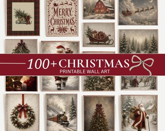 Vintage Christmas Prints Bundle 100+, Snowy Winter Landscape, Santa Claus, Festive Holiday Decor (Digital Download)