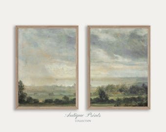 French Country Set of 2 Split Print, Country 2 Pieces Vintage Wall Art, Moody Painting, Neutral Landscape Print, Farmhouse Decor - PRINTABLE