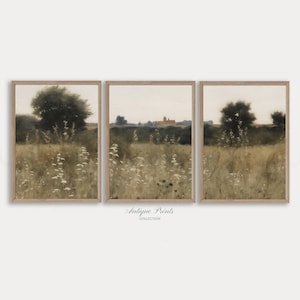 Wildflower Field Set of 3 Prints, Neutral Country 3 Pieces Vintage Wall Art, Landscape Painting, Spring Farmhouse Decor - PRINTABLE