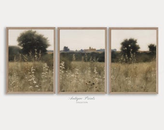 Wildflower Field Set of 3 Prints, Neutral Country 3 Pieces Vintage Wall Art, Landscape Painting, Spring Farmhouse Decor - PRINTABLE