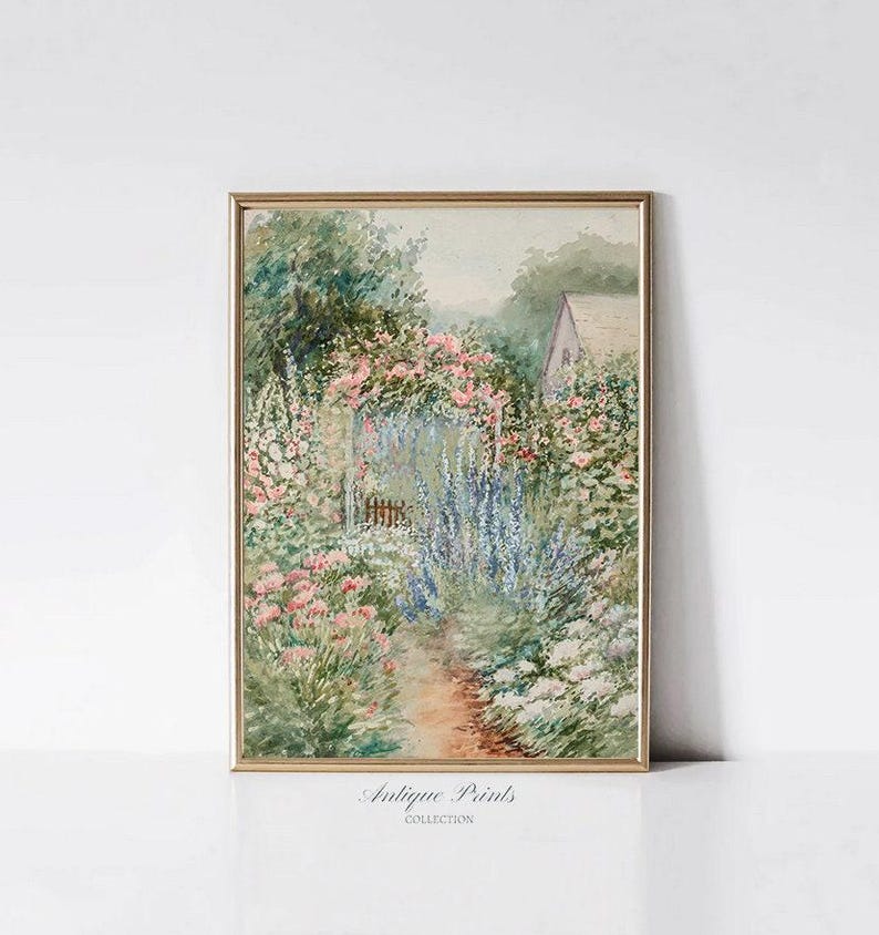 Flowers Garden Painting, Vintage Spring Cottage Wall Art, Antique Watercolor Flower Print, Floral Farmhouse Wall Decor - PRINTABLE image 2