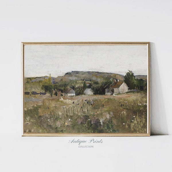 Neutral Country Vintage Wall Art, Countryside DIGITAL Painting, Fields Landscape Antique Print, Rustic Farmhouse Decor - PRINTABLE