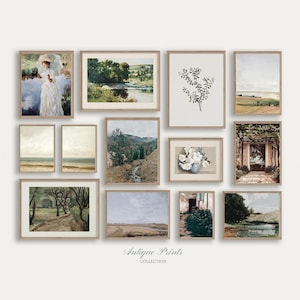 Farmhouse Vintage Gallery Wall Set, Set of 13 French Country Prints, Cottage Decor, Antique Neutral Landscape Wall Art - PRINTABLE