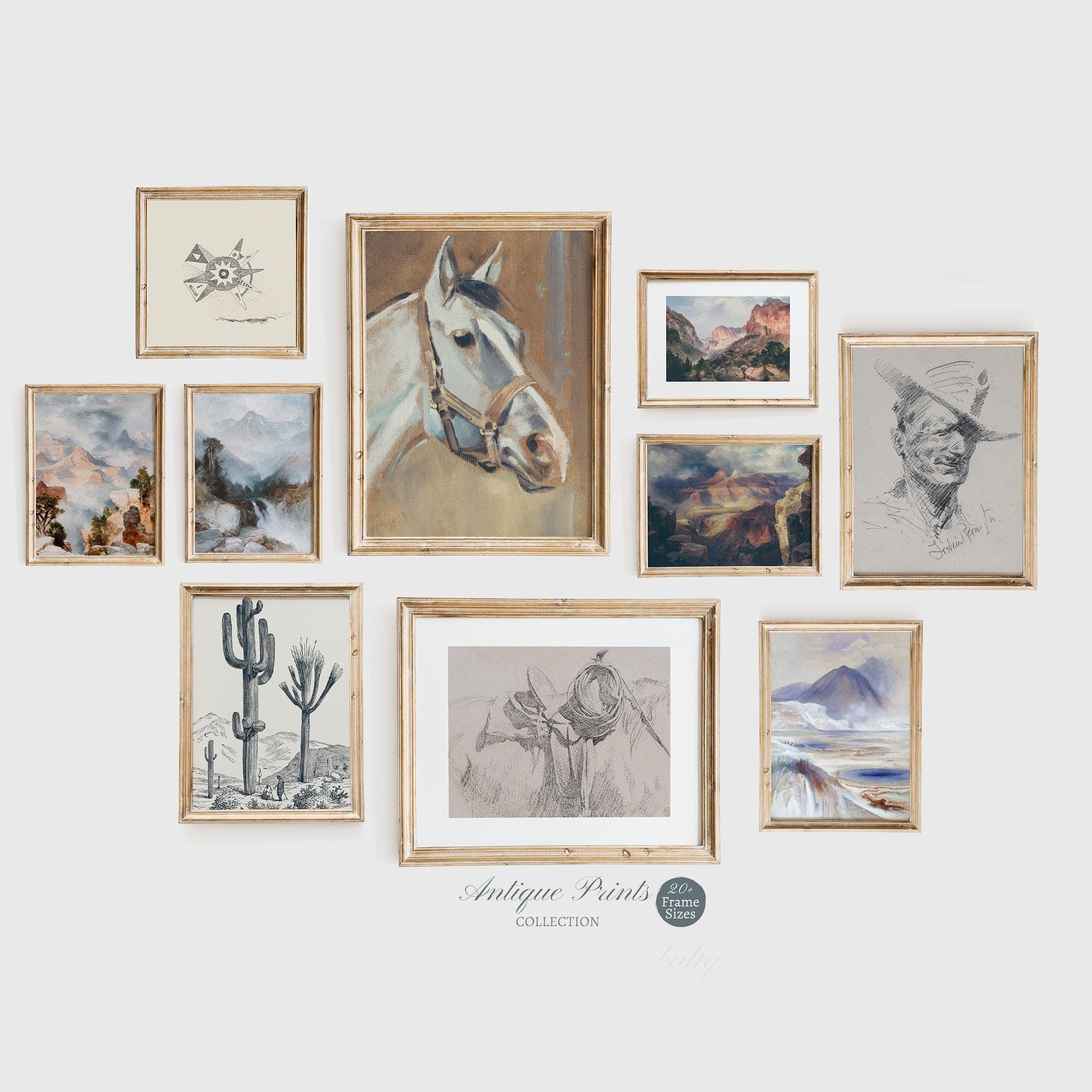 Vintage Western Gallery Wall Set, Southwest Set of 10 Prints, Farmhouse 10 Pieces Wall Art, Antique Cowboy Sketch, Horse Painting, PRINTABLE
