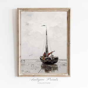 Stimmungsvolles Segeln Vintage Wandkunst, Segelboot Aquarell Malerei, Antike Meerlandschaft Druck, Nautische Wandkunst - DRUCKBAR