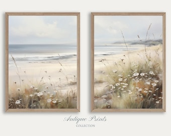 Muted Beach Landscape 2 Pieces Wall Art, Neutral Seascape Painting, Vintage Coastal Wall Art, Ocean Landscape Prints - PRINTABLE