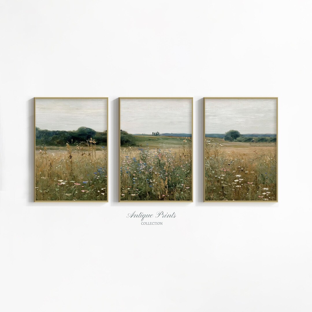 Neutral Wildflower Field Set of 3 Prints, Country Landscape Wall Art ...