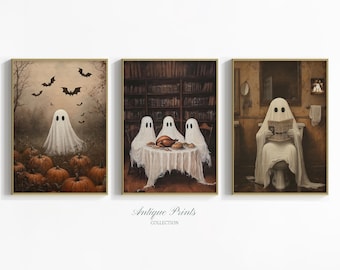 Afdrukbare Halloween-galerijset, schattige geesten set van 3 prints, herfstschilderij, Halloween-decor, boerderij spookachtige muurset, downloadbare prints