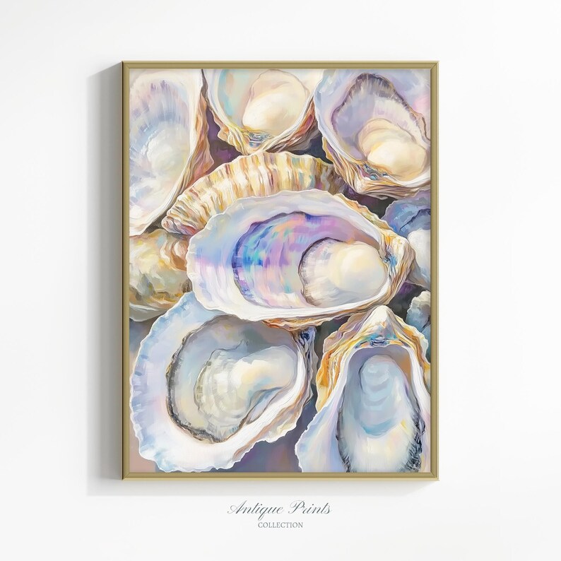 Oysters Wall Art, Pastel Tropical Oil Painting, Coastal Digital Print, Ocean Wall Art, Beach Cottage Decor, Pastel Beach Art - PRINTABLE image 3