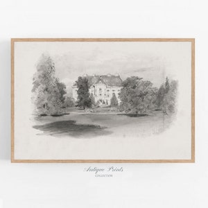 Neutral Landscape Sketch Art,  Vintage Cottage Drawing, Antique Nature Print, Neutral Country Sketch, Rustic Farmhouse Decor - PRINTABLE