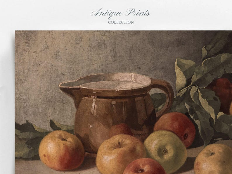 Arte de pared de cocina de granja vintage, pintura al óleo de manzana, decoración rústica de cocina antigua, pintura de frutas, impresión de bodegón de manzana - IMPRIMIBLE imagen 6