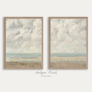 Neutral Seascape Painting, Coastal Set of 2 Split Prints, Muted Beach 2 Pieces Vintage Wall Art, Antique Coastal Decor - PRINTABLE