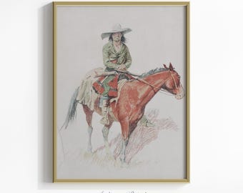 Cowboy Vintage Painting, Cowboy Sketch, Cowboy Portrait Drawing, Southwest Wall Art, Antique Horse Print, Western Decor - PRINTABLE