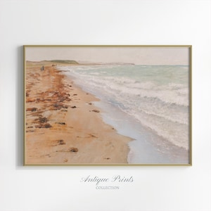 Pintura vintage de playa aérea, impresión digital de paisaje marino, arte de pared imprimible de paisaje de playa, pintura del océano, bellas artes de paisajes marinos, decoración costera