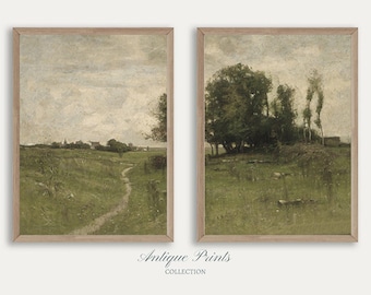Vintage Country Painting, Landscape Set of 2 Split Print, Moody 2 Pieces Vintage Wall Art, Countryside Print, Farmhouse Decor - PRINTABLE