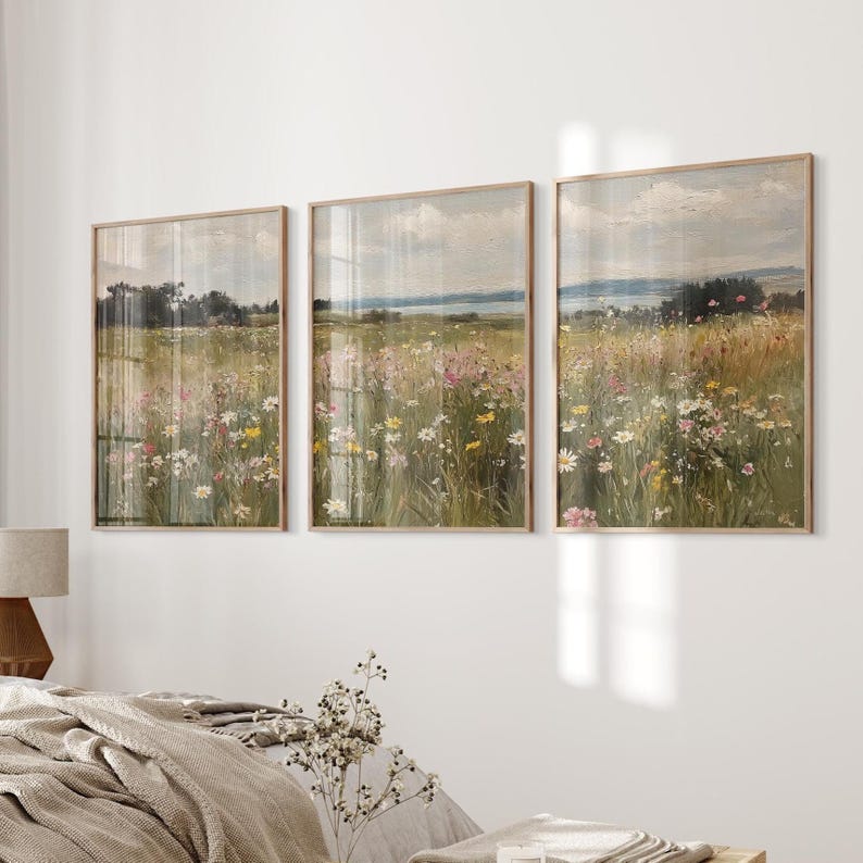 Arte murale floreale di campagna, set di 3 stampe di campi di fiori selvatici, dipinto di paesaggio, stampa di campagna neutra, arredamento da fattoria - STAMPABILE immagine 8