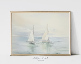 Segelboot Druck, Muted Küsten druckbare Wandkunst, Vintage nautische Aquarellmalerei, neutrale Meerlandschaft Wandkunst, antike vertikale Kunst