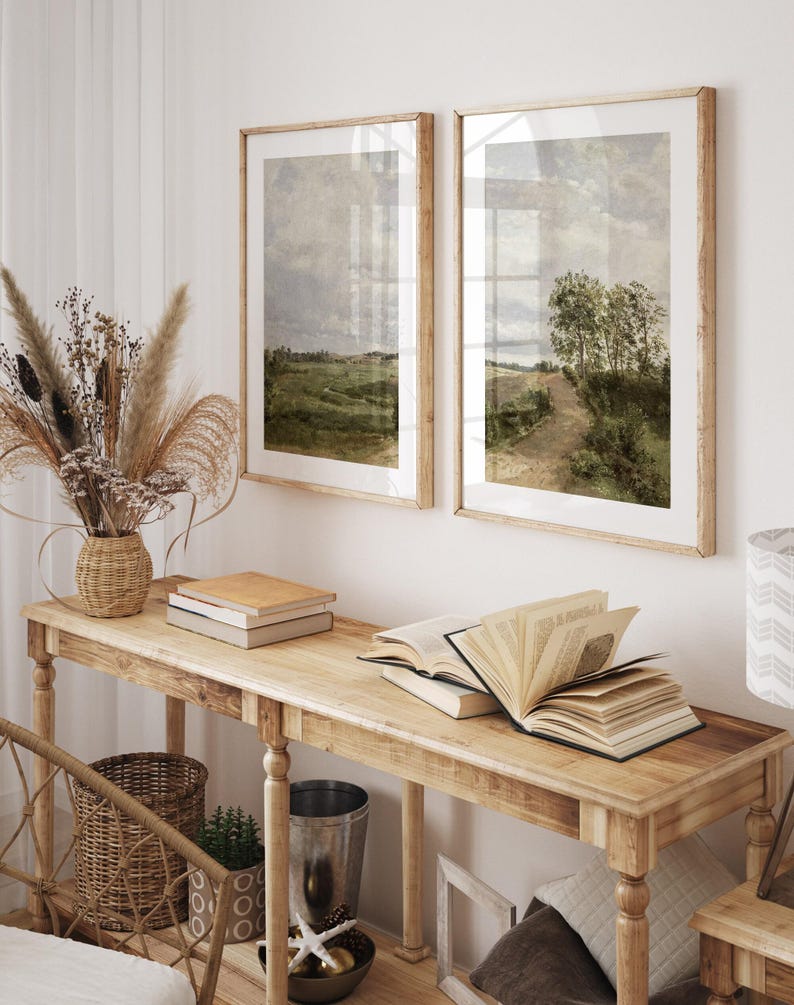 Cuadro neutro, conjunto de 2 impresiones divididas, paisaje, 2 piezas, arte de pared vintage, impresión campestre, decoración de granja - IMPRIMIBLE imagen 2