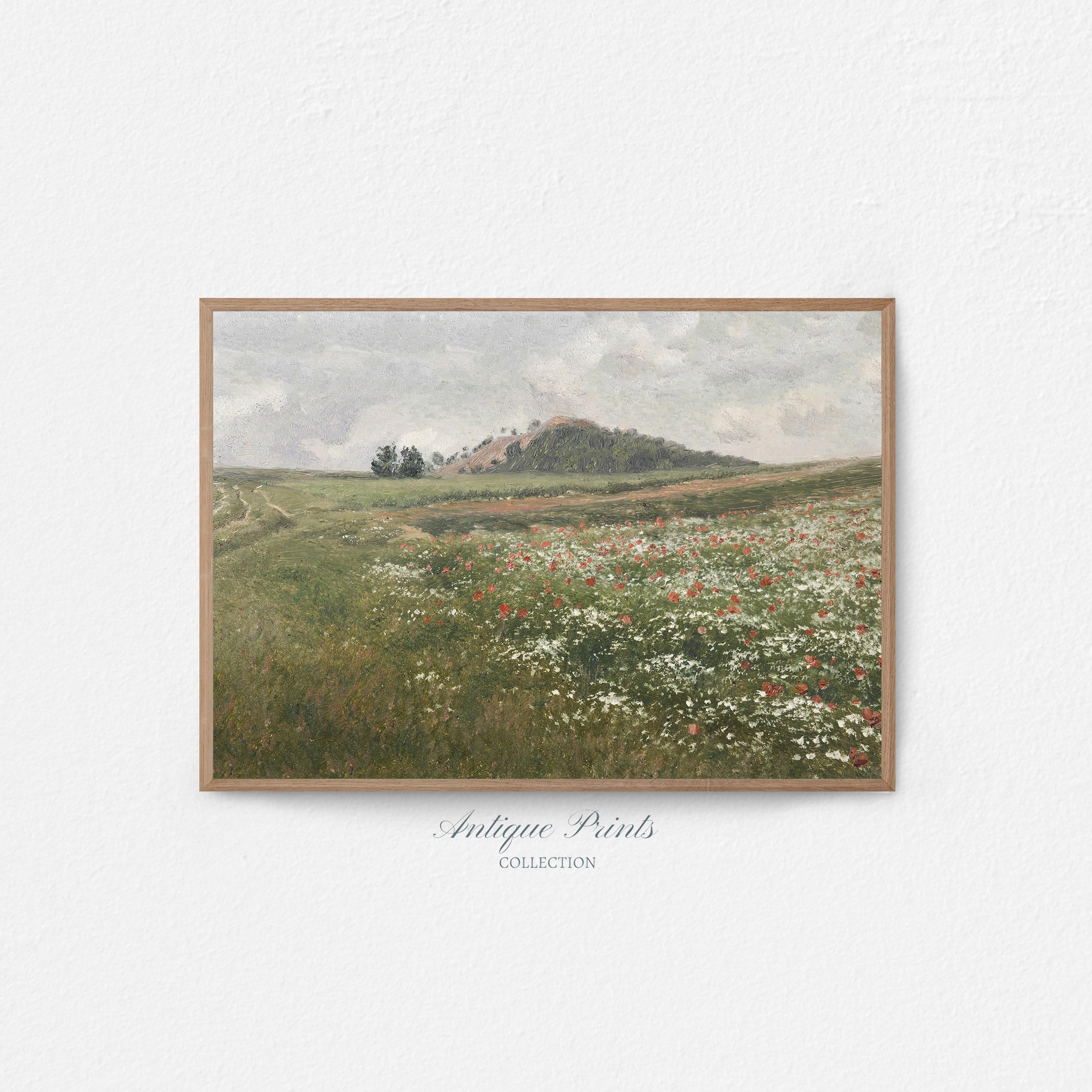 ポピー畑の絵画ヴィンテージ、アンティークカントリー風景画、野生の花