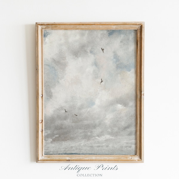 Vintage Cloud Wall Art, Neutral Sky Painting, Cloudy Sky Large Wall Art, Nursery Decor, Antique Birds in the Sky Print -  PRINTABLE