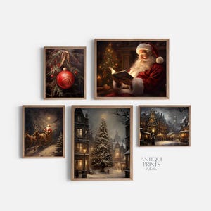 Decoración navideña de pared con temática de Papá Noel, impresión de árbol de Navidad, juego de 5 impresiones invernales imprimibles, decoración navideña rústica
