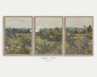 Neutral Country Landscape 3 Pieces Vintage Wall Art, Countryside Field Set of 3 Prints, Antique Split Painting, Farmhouse Decor - PRINTABLE