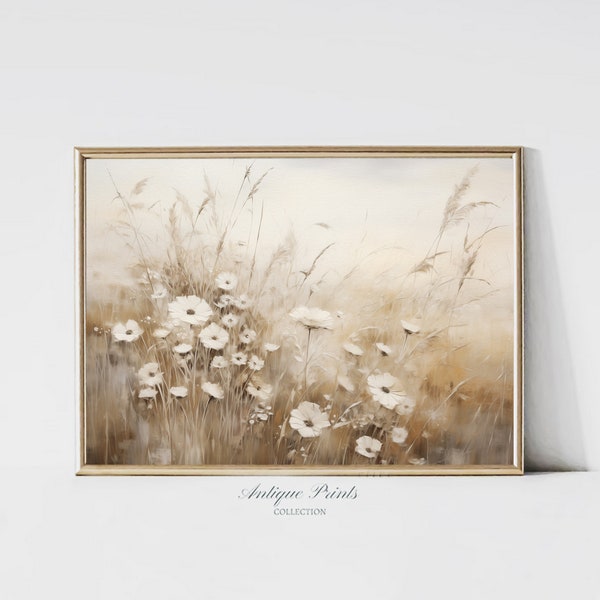 Muted Wildflower Wall Art, Neutral Beige Floral Painting, Soft Tones Country Landscape Print, Farmhouse Decor - PRINTABLE