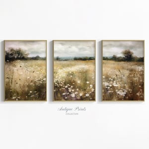 Neutral Wildflower Field Set of 3 Prints, Country 3 Pieces Vintage Wall Art, Landscape Painting, Spring Farmhouse Decor - PRINTABLE