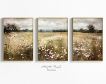 Neutrale veld met wilde bloemen Set van 3 prenten, land 3 stuks vintage muurkunst, landschapsschilderkunst, lente boerderij decor - AFDRUKBAAR