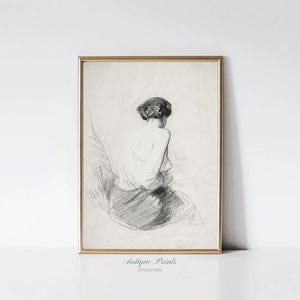 Antique Woman Sketch Art, Vintage Woman Drawing, Woman Portrait Print, Neutral Sketch Line Wall Art, Bathroom Wall Decor - PRINTABLE