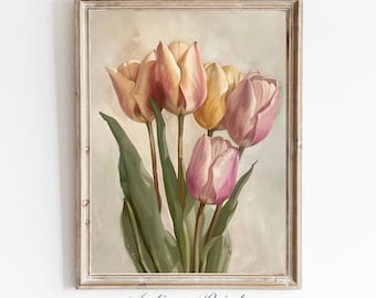 Floral Spring Wall Art, Tulips Flowers Print, Easter Wall Art, Neutral Botanical Painting, Farmhouse Decor, Nursery Art - PRINTABLE