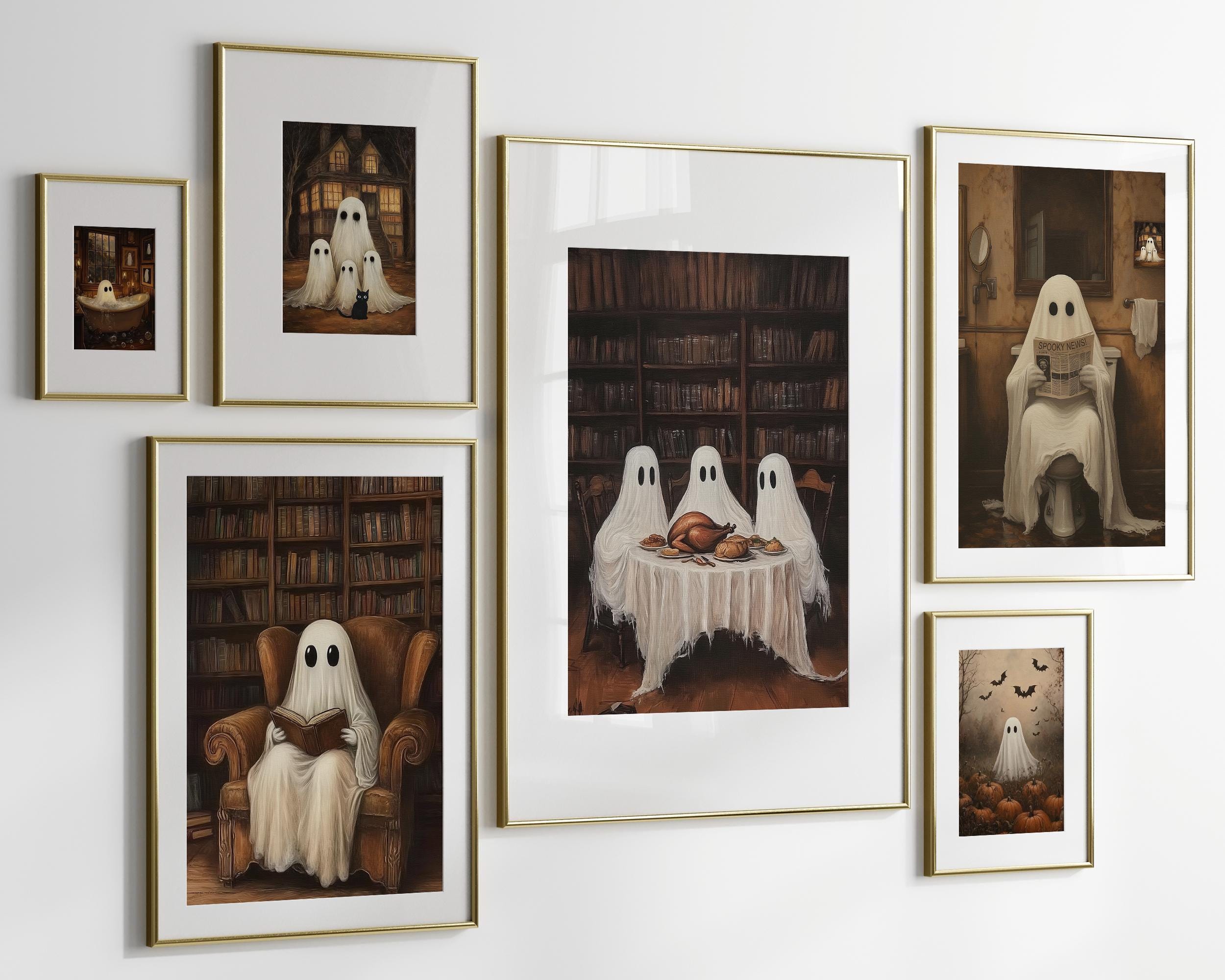 Printable Halloween Gallery Set, Cute Ghosts Set of 6 Prints, Fall ...