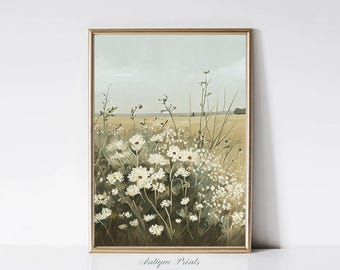 Neutral Wildflower Wall Art, Country Landscape Vintage Wall Art, Soft Tones Countryside Painting, Rustic Farmhouse Wall Decor - PRINTABLE