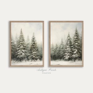 Winter Pine Forest 2 Pieces Wall Art, Christmas Painting, Vintage Farmhouse Holidays Decor, Rustic Snowy Landscape Set of 2 Prints PRINTABLE
