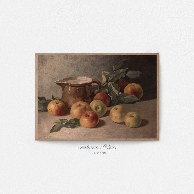 Arte de pared de cocina de granja vintage, pintura al óleo de manzana, decoración rústica de cocina antigua, pintura de frutas, impresión de bodegón de manzana - IMPRIMIBLE imagen 4