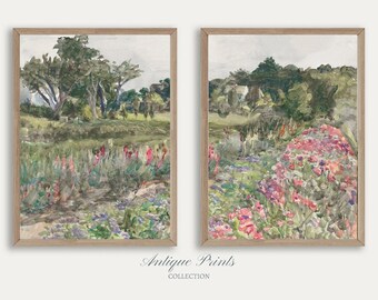 Spring Meadow 2 Pieces Wall Art, Vintage Floral Landscape Set of 2 Split Print, Watercolor Neutral Summer Painting, Nursery Decor, PRINTABLE