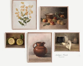 Vintage Farmhouse Kitchen Set of 5 Prints, Fruit Painting, Antique Rustic Kitchen Decor, Kitchen Painting, Still Life Print - PRINTABLE