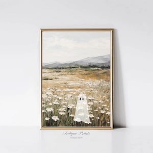 Cute Ghost in Wildflower Field Wall Art, Fall Spooky Halloween Print, Autumn Forest Landscape Painting, Ghost Halloween Decor, PRINTABLE