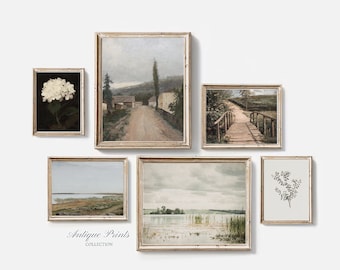 Neutral Set of 6 Farmhouse Prints, Country Vintage 6 Pieces Wall Art, European Paintings Gallery Wall Set,  Rustic Cottage Decor - PRINTABLE