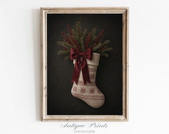 Vintage Christmas Stocking Wall Art, Rustic Festive Holiday Decor, Christmas Print (Digital Download)
