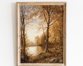Arte mural de paisaje otoñal, pintura vintage de bosque otoñal, impresión digital de una casa de campo antigua, arte mural de campo otoñal - IMPRIMIBLE