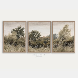 Vintage Neutral Landscape 3 Pieces Wall Art, Wildflower Field Set of 3 Split Prints, Country Painting, Rustic Farmhouse Decor - PRINTABLE