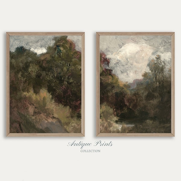 Moody Country 2 Pieces Vintage Wall Art, Forest Landscape Set of 2 Split Prints, Countryside Painting, Rustic Farmhouse Decor - PRINTABLE