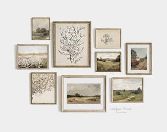 Neutral Landscape Gallery Wall Set, PRINTABLE Countryside Set of 9 Prints, Vintage Green Wall Art, Spring Cottage Decor, Digital Download