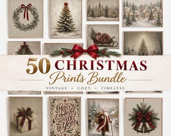 Vintage Christmas Prints Bundle, Snowy Winter Landscape, Santa Claus, Neutral Holiday Decor (Digital Download)