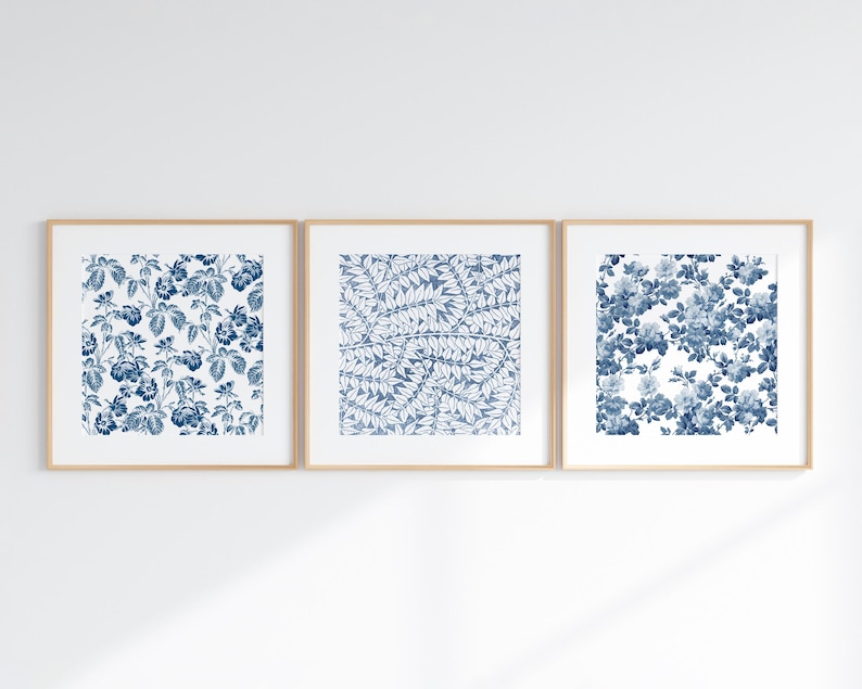 Chinoiserie Wall Art, Blue and White Set of 3 Square Prints, Vintage ...