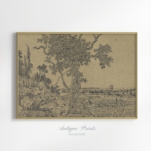 Landscape Sketch Art, Neutral Antique Forest Drawing, Vintage Cottage Textile Art, Botanical Farmhouse Decor, Printable Digital Download