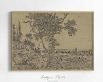 Art de croquis de paysage, dessin de forêt antique neutre, art textile cottage vintage, décoration de ferme botanique, téléchargement numérique imprimable